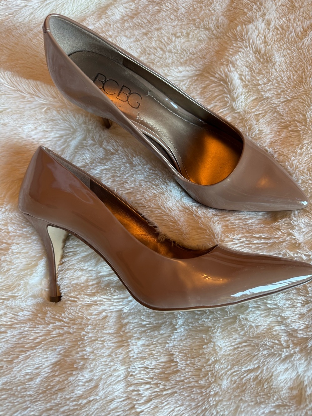BCBG Taupe Patent Pointed-Toe Pumps